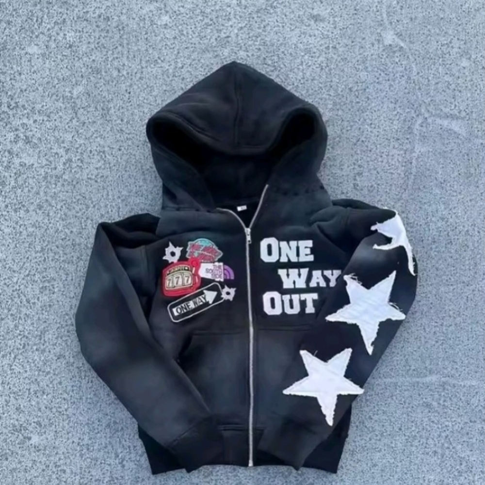 Black Graphic Hoodie with Star Patches